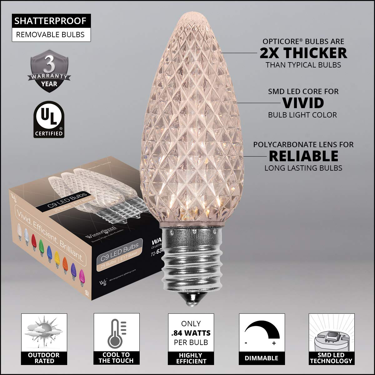 Wintergreen Lighting C9 LED Christmas Lights, Warm White, 100 Lights, 100 ft, Heavy Duty, Green Wire, Polycarbonate