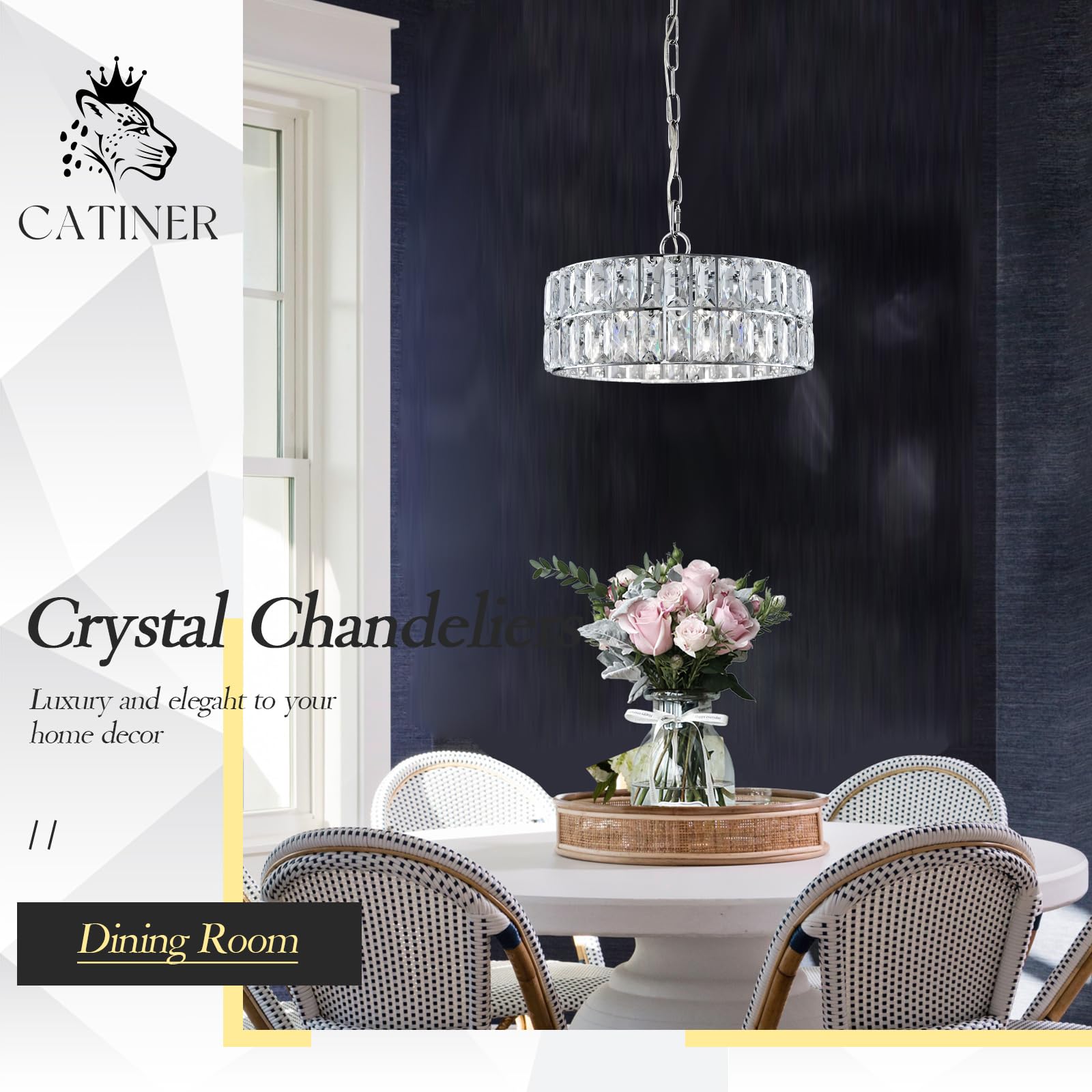 CATINER Chrome Crystal Chandelier, Modern Semi Flush Mount Light Fixture, 12" Round, Metal for Dining Room, Entryway, Kitchen, Hallway