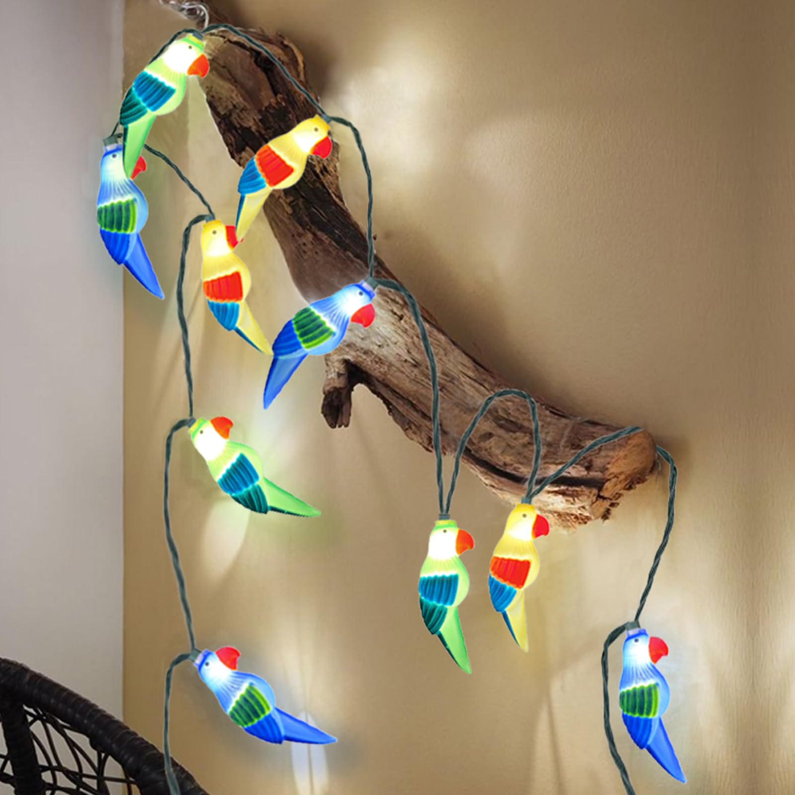 SUNSGNE LED Parrot String Lights, 8.5ft Indoor Hanging Decor with 10 Plug-in Parrot Lights for Party, Birthday, and Holiday Decor