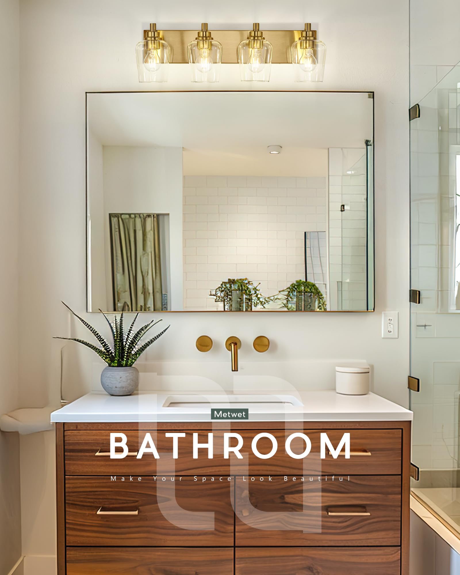 METWET 4-Light Bathroom Vanity Light Fixture, Modern Brushed Gold with Clear Wine Glass Shades, Model VL155-BG-4