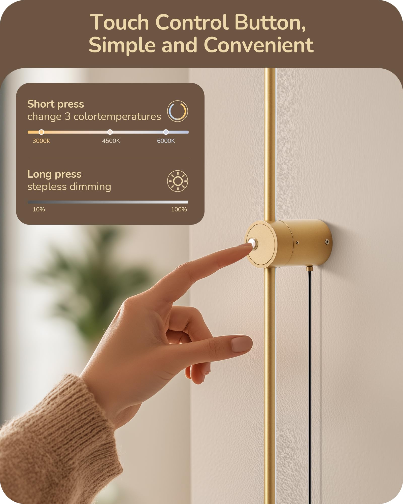 EDISHINE Dimmable Wall Sconces Set of Two, 39.4" Touch LED, Gold, 350° Rotation, Model EDISHINE-WS394-TR350