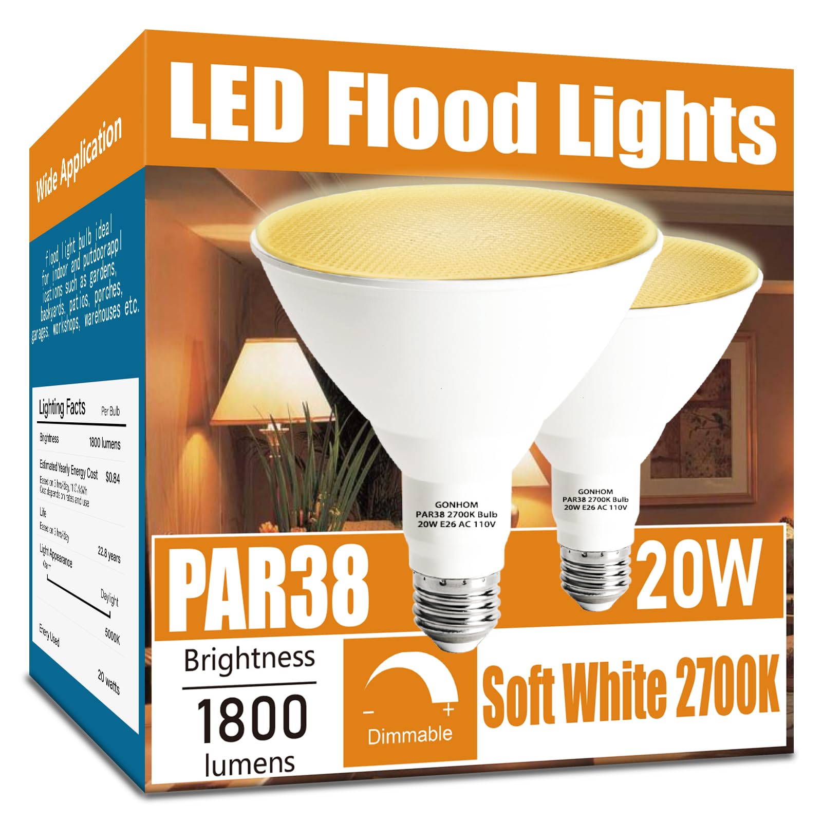 Gonhom Par38 Outdoor Led Flood Light Bulb 2 Pack, Dimmable Soft White 2700K,20W Replace Up To 200W, 1800Lm, E26 Base Flood Light