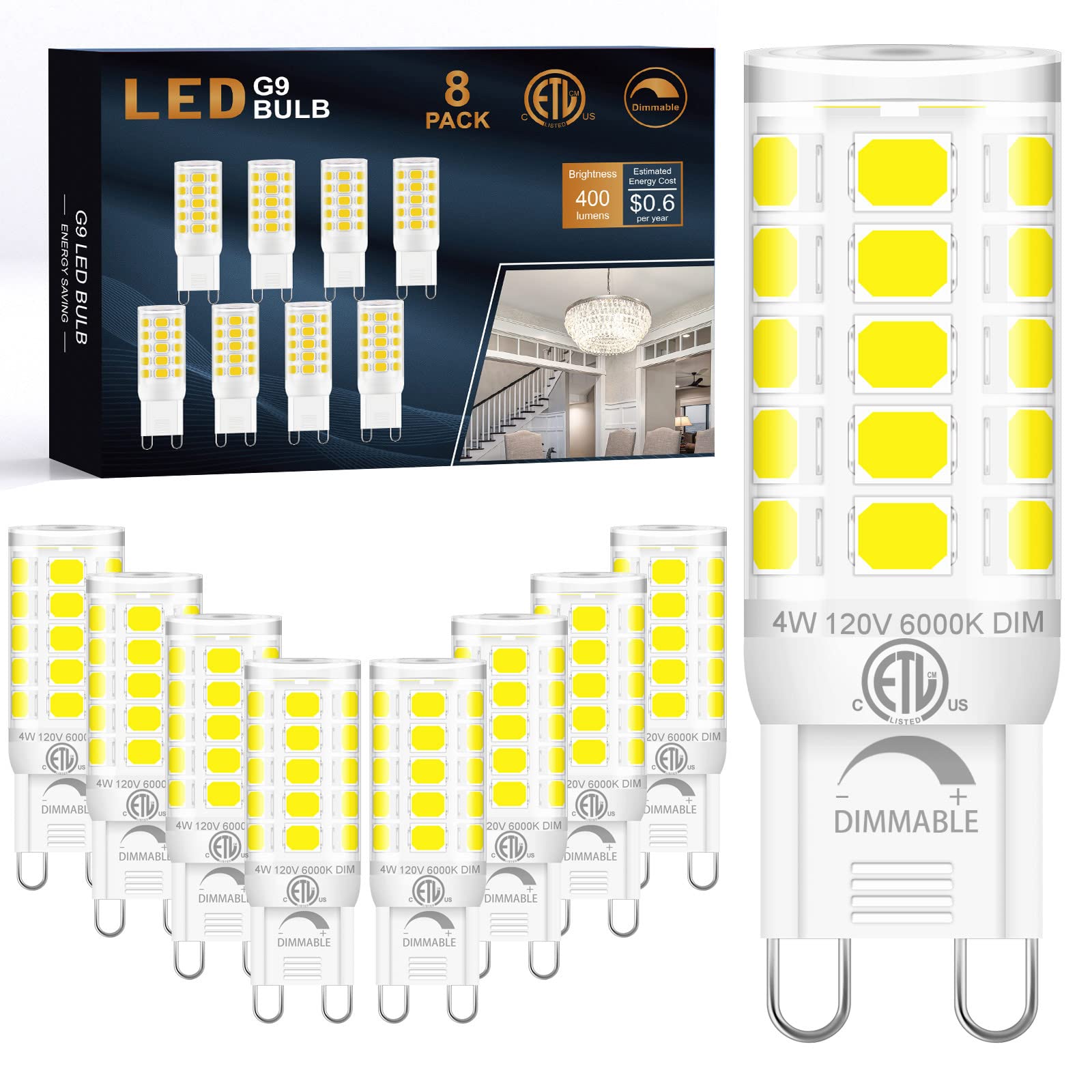 comzler Dimmable G9 LED Bulbs, 4W Equivalent to 40W Halogen, 6000K Daylight, Ceramic Base, 8 Pack