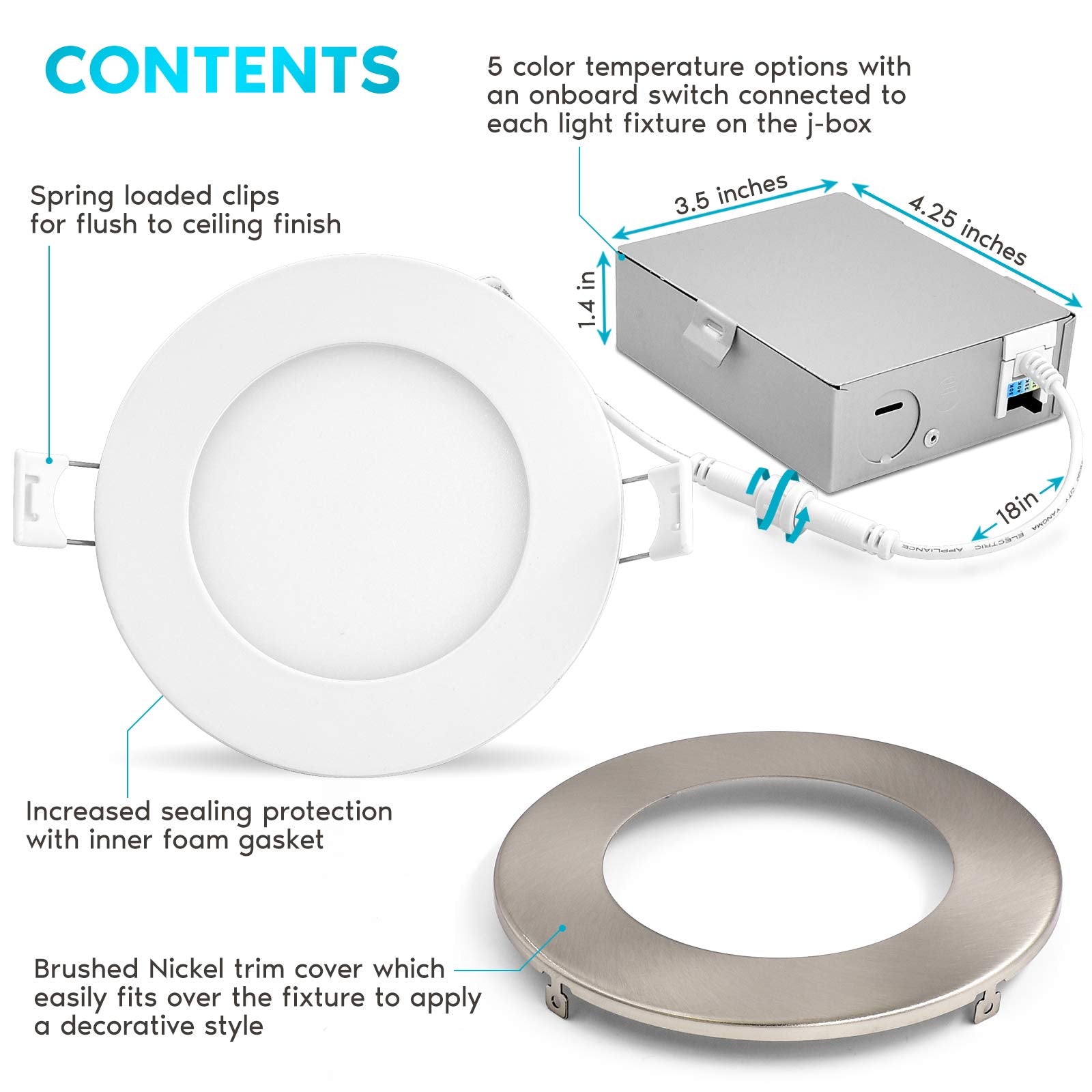 LUXRITE 4 Inch Ultra Thin LED Recessed Light, Dimmable, 750 Lumens, 5 Color Options, Brushed Nickel, 4 Pack, Model LR23756