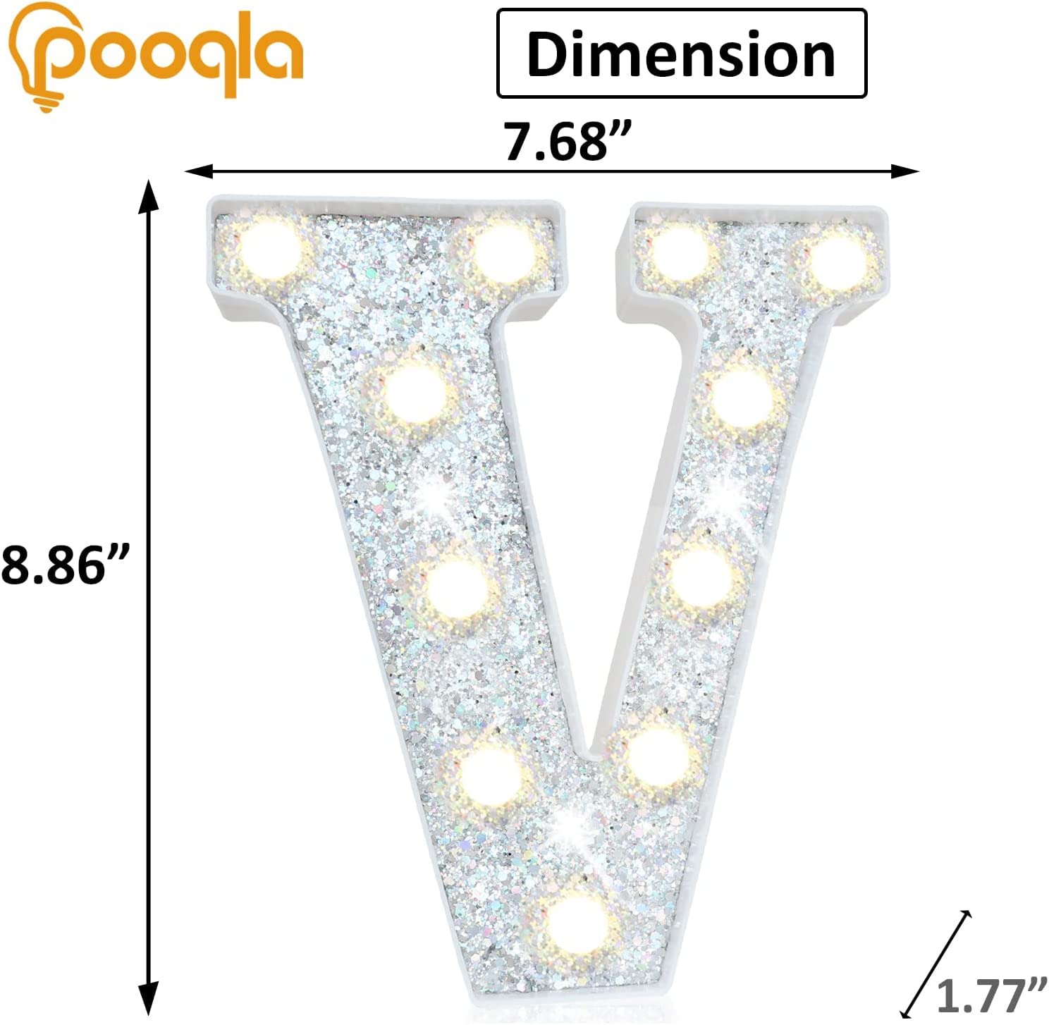 Pooqla LED Marquee Letter V, 16 Colors Light Up Sign, Battery Operated, Silver Glitter for Party and Bedroom Decoration