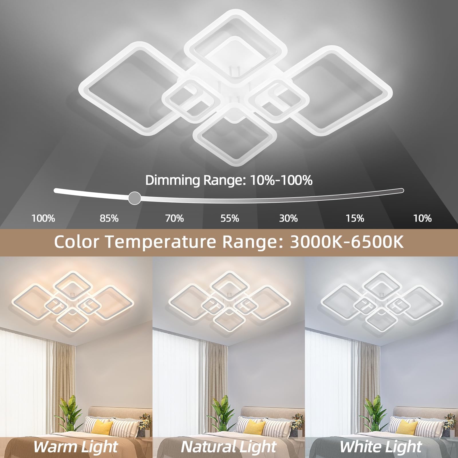 Modern Ceiling Light, 40.2'' Led Dimmable Acrylic Square 6+1 Rings Ceiling Lights With Remote, White Flush Mount Ceiling Light F
