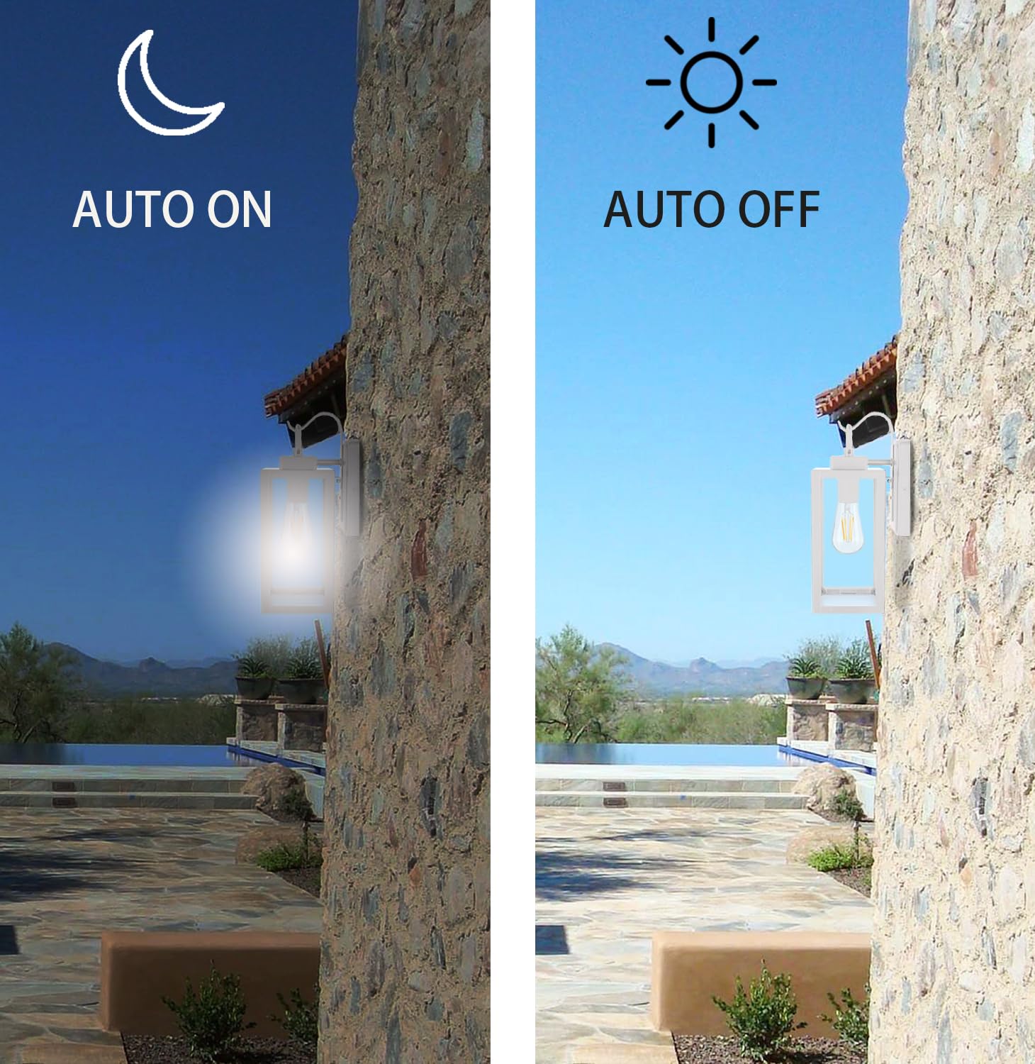 Yoonlit Smartlife Yn-Wl009 Outdoor Wall Sconce With Dusk To Dawn Photocell Sensor, Traditional One Light Porch Light, Weather Resistant, Stainless Metal Housing, Clear Glass, White, 2-Pack