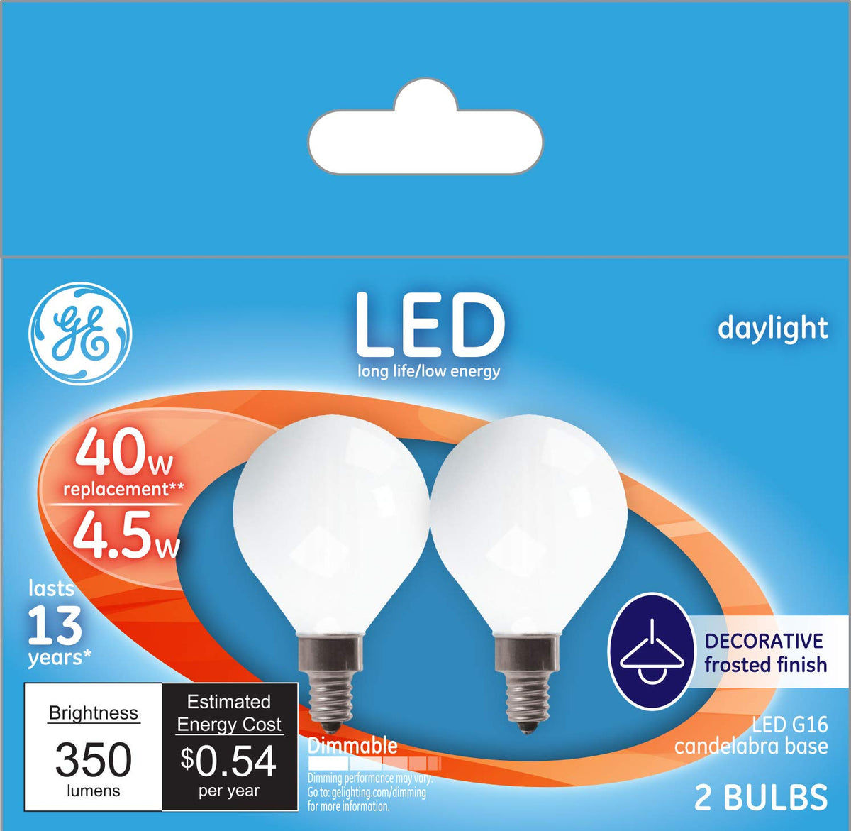 Ge Led Light Bulbs, 4.5 Watt (40 Watt Equivalent) Daylight, Frosted Finish, Decorative Light Bulbs, Candelabra Base, Dimmable (2