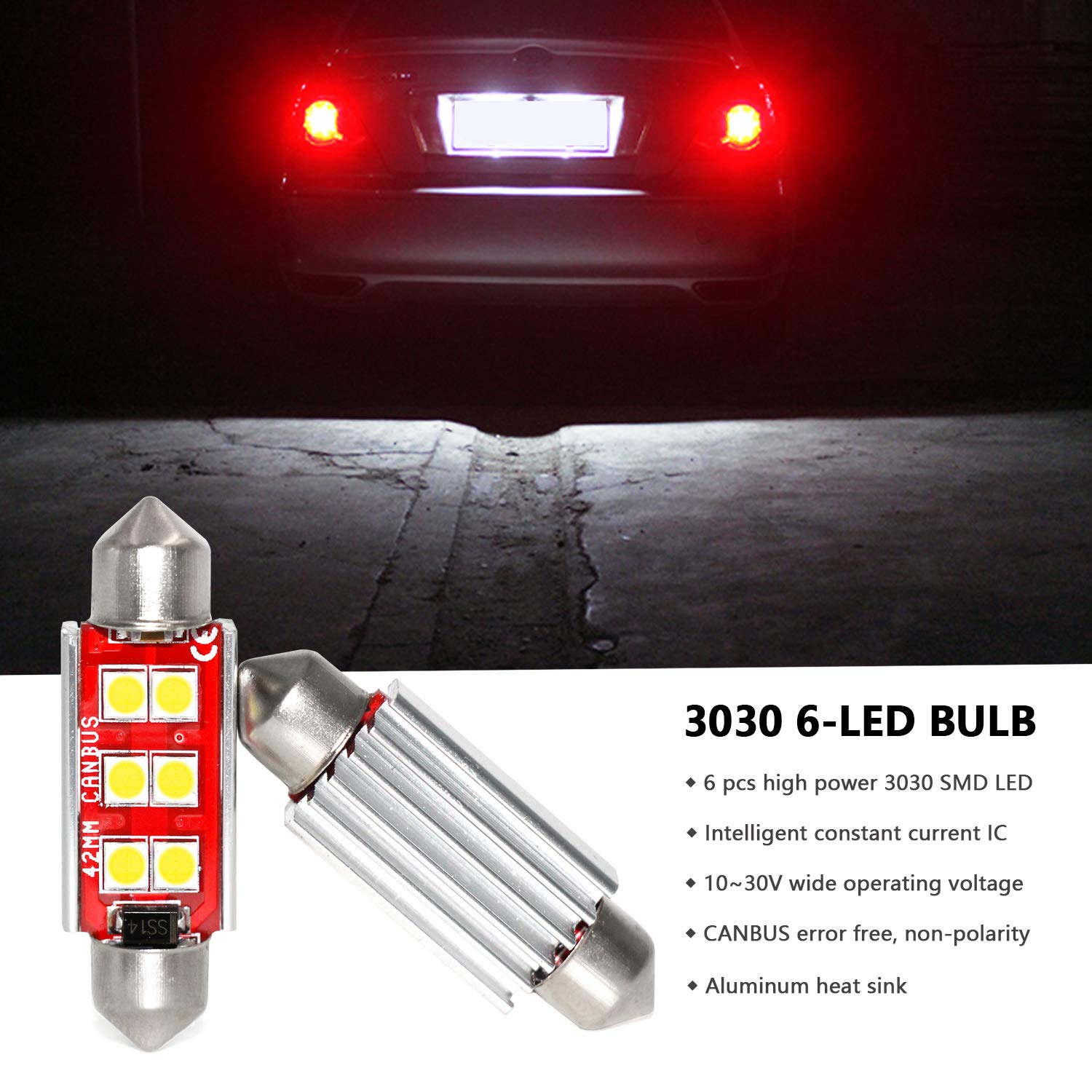 PHINLION 500 Lumens 578 LED Bulb - 41mm/42mm Festoon, 6-SMD, Aluminum, White, 6000K Xenon White,