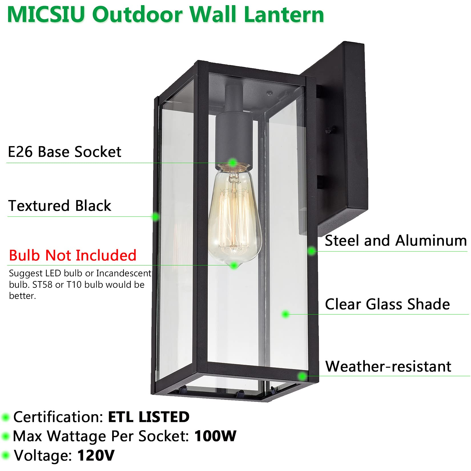 MICSIU Black Outdoor Wall Light Fixture, 2 Pack, Modern Clear Glass Sconce, E26 Base, 13.75 Inch, Metal, Model 20001