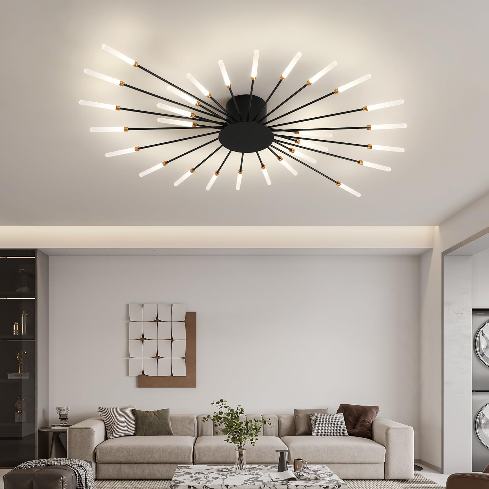 Ziidoo Modern Ceiling Light Fixtures  28 Lights Metal Firework Designed Chic Led Lighting For Farmhouse Kitchen Dining Room Bedroom Hallway Living Room (Black)