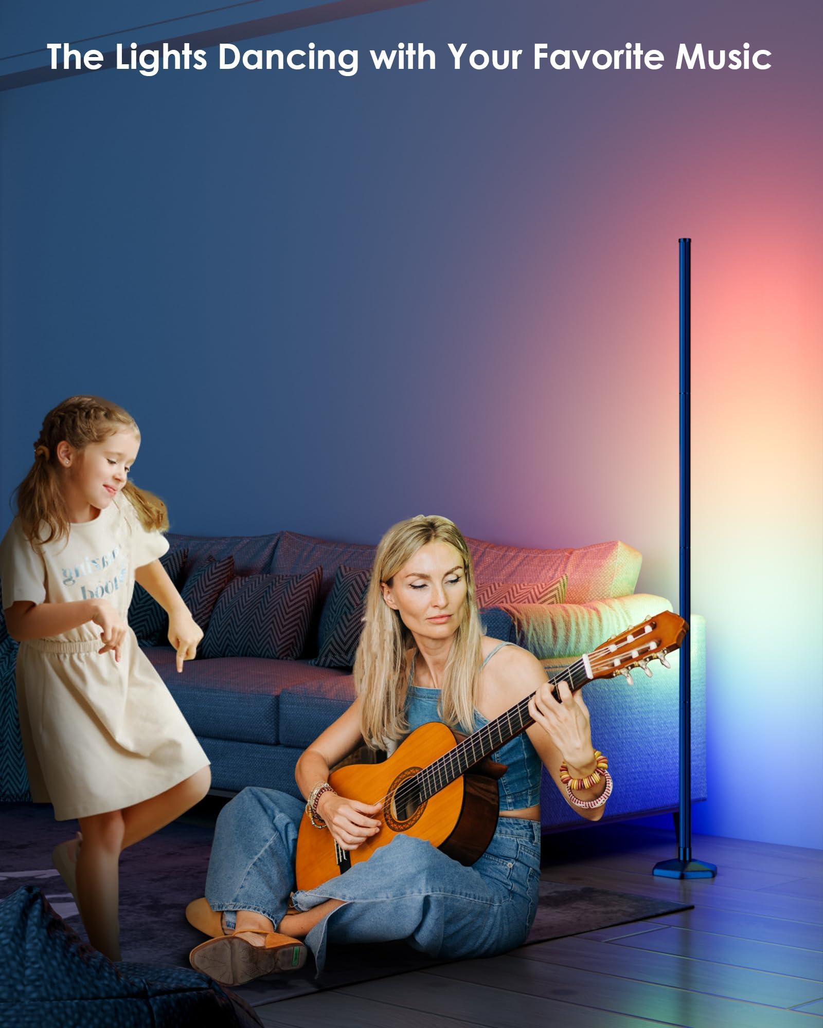 Yikbik Rgb+W Corner Floor Lamp, 65'' Color Changing 24V Led Floor Lamp With Cool White Bluetooth App Remote Control Music Sync M