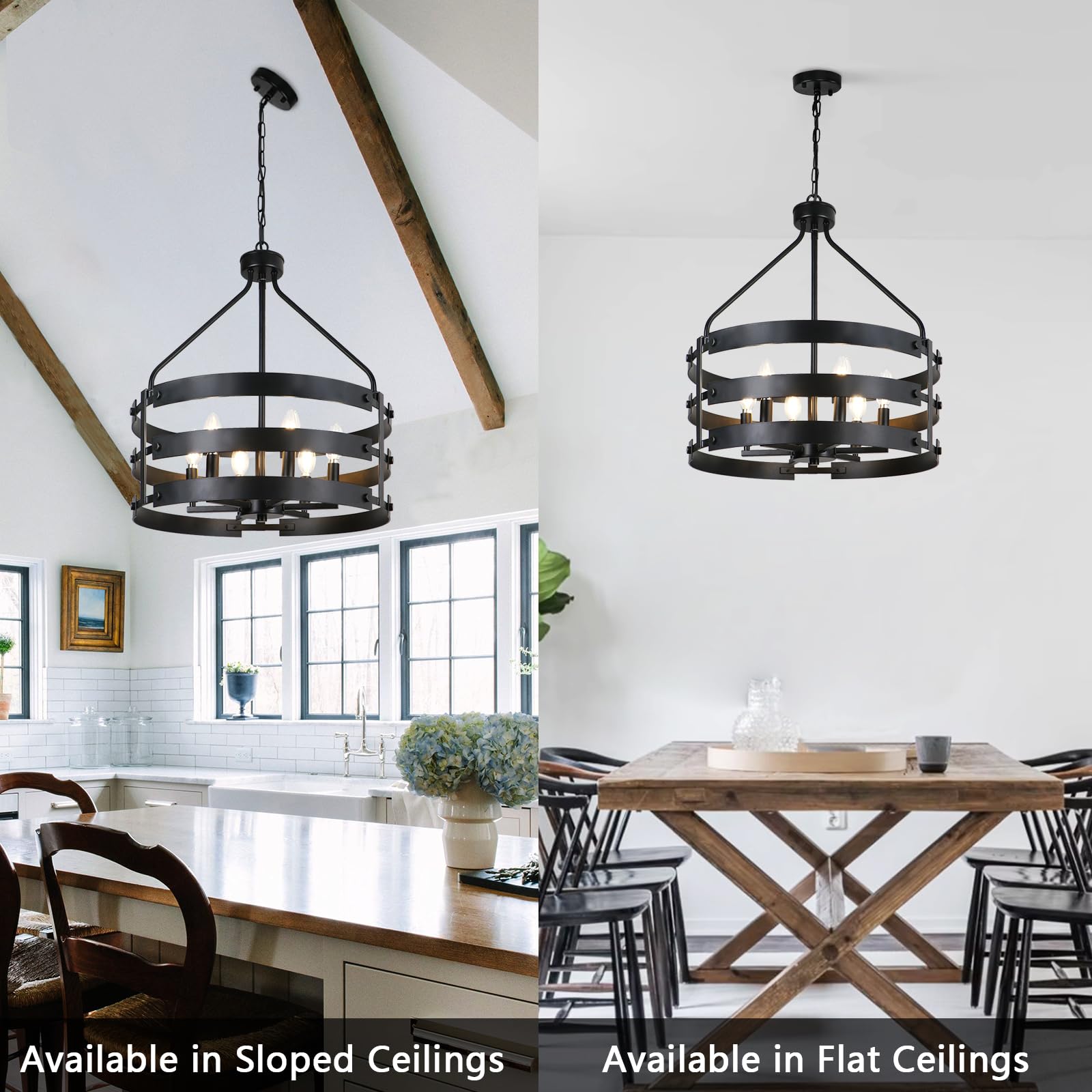 Kmaipem 6-Light Black Chandelier For Dining Room Light Fixture, 18.5'' Farmhouse Drum Chandeliers, Modern Industrial Metal Hangi