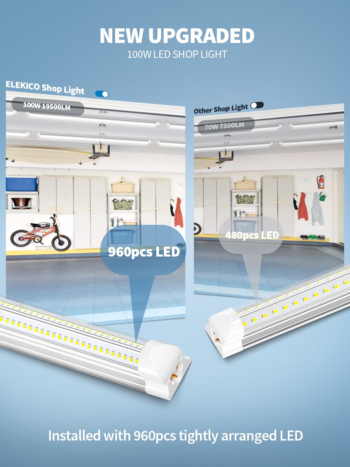 Elekico 8' Led Shop Lights,Super Bright 19500Lm 100W 5000K 8Ft Led Shop Light For Garage,Linkable 8Ft Led Garage Ceiling Lights