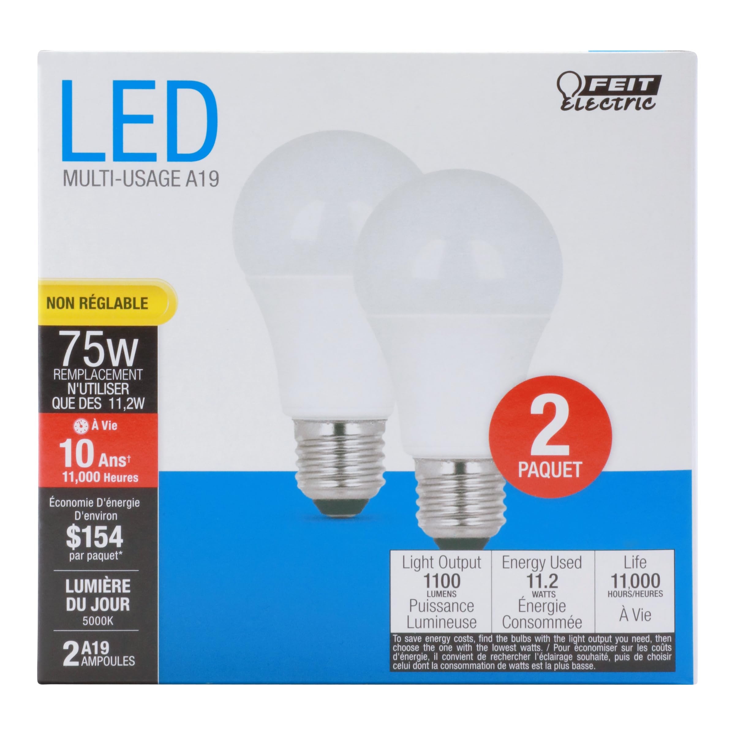 Feit Electric A19 Led Light Bulbs, 75W Equivalent, Non Dimmable, 1100 Lumens, E26 Standard Base, 5000K Daylight, 80 Cri, 10 Year