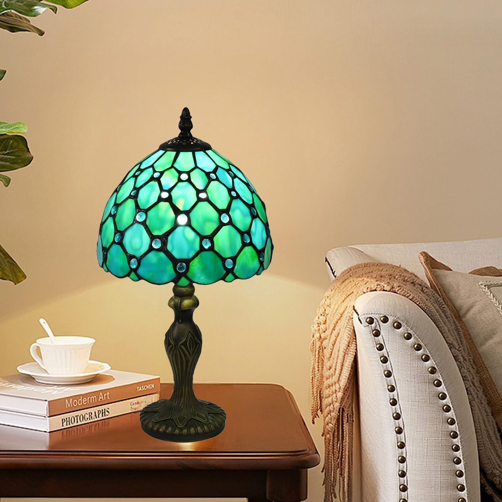 Tuomoxte Tiffany Style Table Lamp, Stained Glass Lamp, 8 Inch Small Antique Lamp, For Bedside Nightstand Bedroom Living Room Home Office, Include Led Bulb