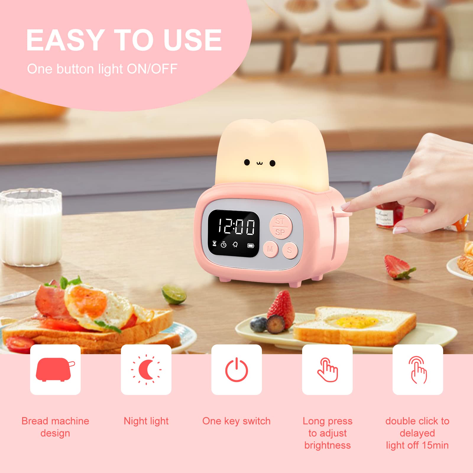 Qanyi Pink Timer Clock Night Light - Portable Led Kids Desktop Lamp For Learning & Cooking