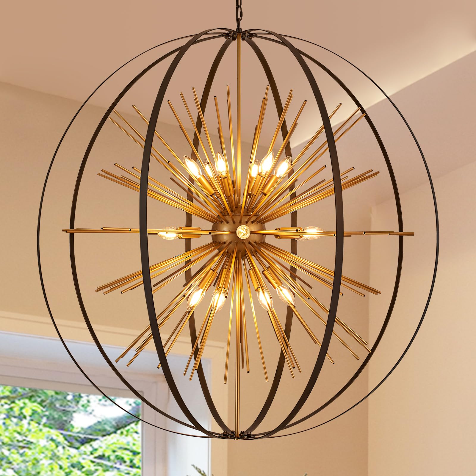 TACDANDM 43.3&quot; Black Gold 18-Light Globe Sputnik Chandelier Modern Adjustable Hanging Ceiling Firework Pendant Light Fixture for Entryway Foyer Stairway Kitchen Dining Living Room Hallway