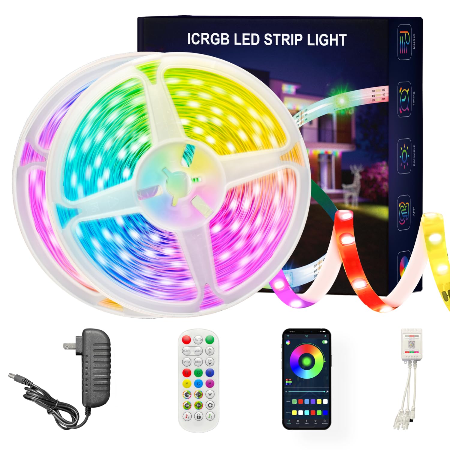 ATHONO 100 ft(2 Rolls of 50ft) IC+RGB,Led Lights for Bedroom,Music Sync Color Changing,Led Strip Lights,with Remote App Control 