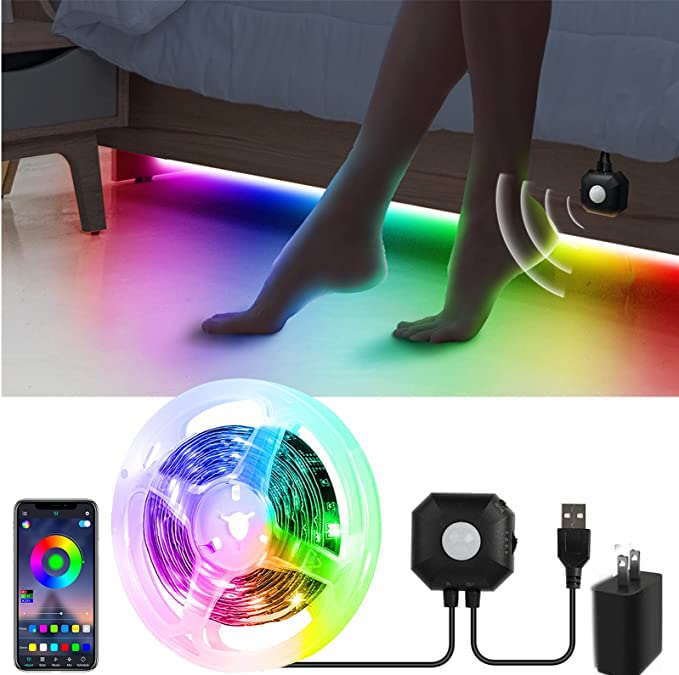 Auplf 9.84ft RGB Motion Activated Under Bed Lights, APP Control, Dimmable with Music Sync & Timer, Ideal Night Light for Bedroom