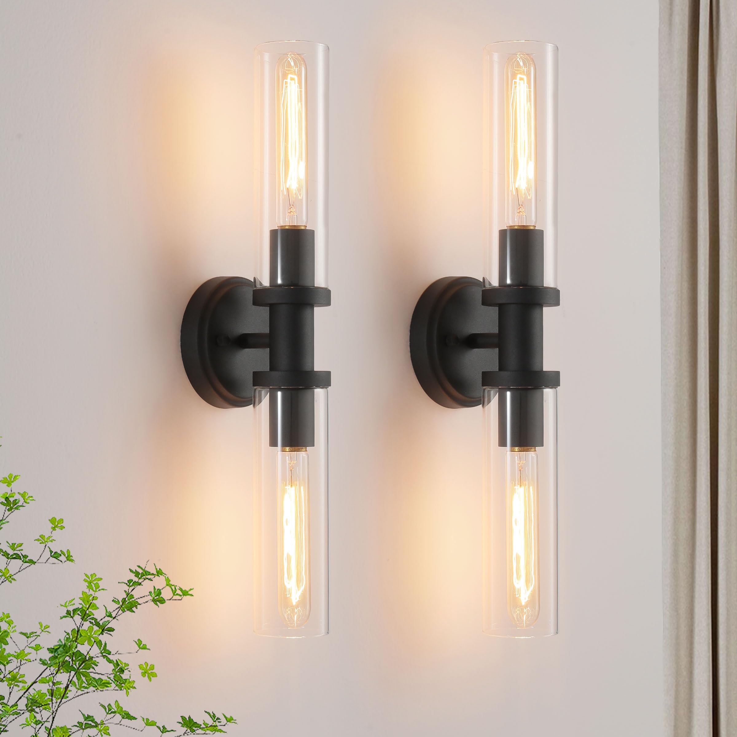 KUZZULL Wall Sconces Set of Two, Matte Black, Iron with Clear Glass for Bathroom, Living Room, Hallway, Bedroom