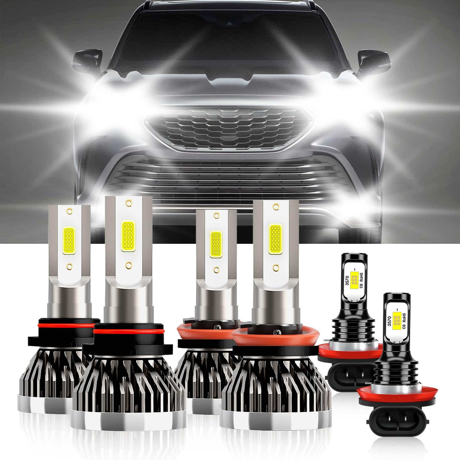 Txbilmoo Compatible For Toyota Highlander 2014-2019 9005 H11 High/Low Beam H11 Fog Light Bulbs Pulg And Play Ip68 Pack Of 6