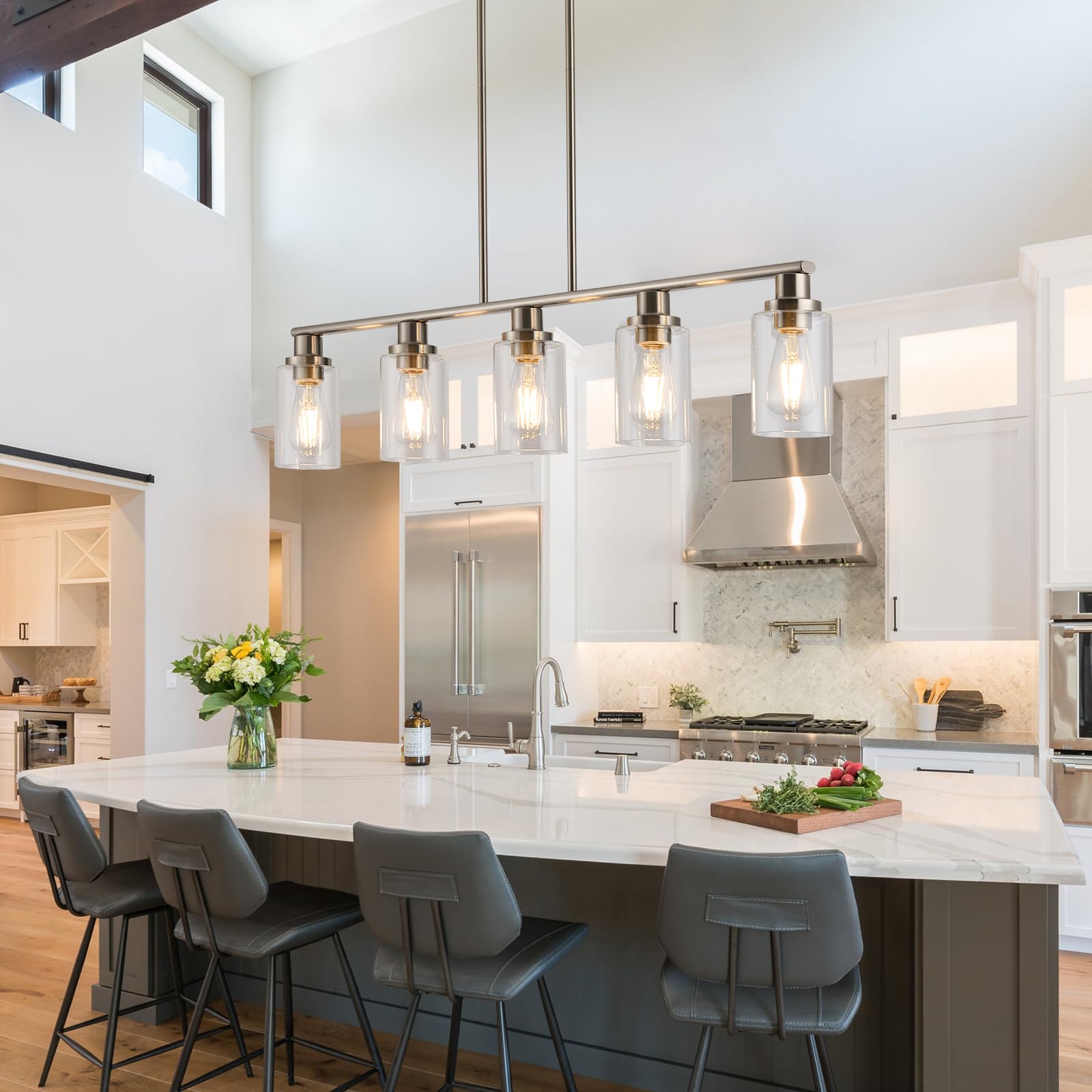 Kpiok Kitchen Island Pendant Lighting, 5-Light Farmhouse Dining Room Light Fixture Over Table, Brushed Nickel Finish With Clear Glass Shade, Rustic Industrial Linear Chandelier For Kitchen Island
