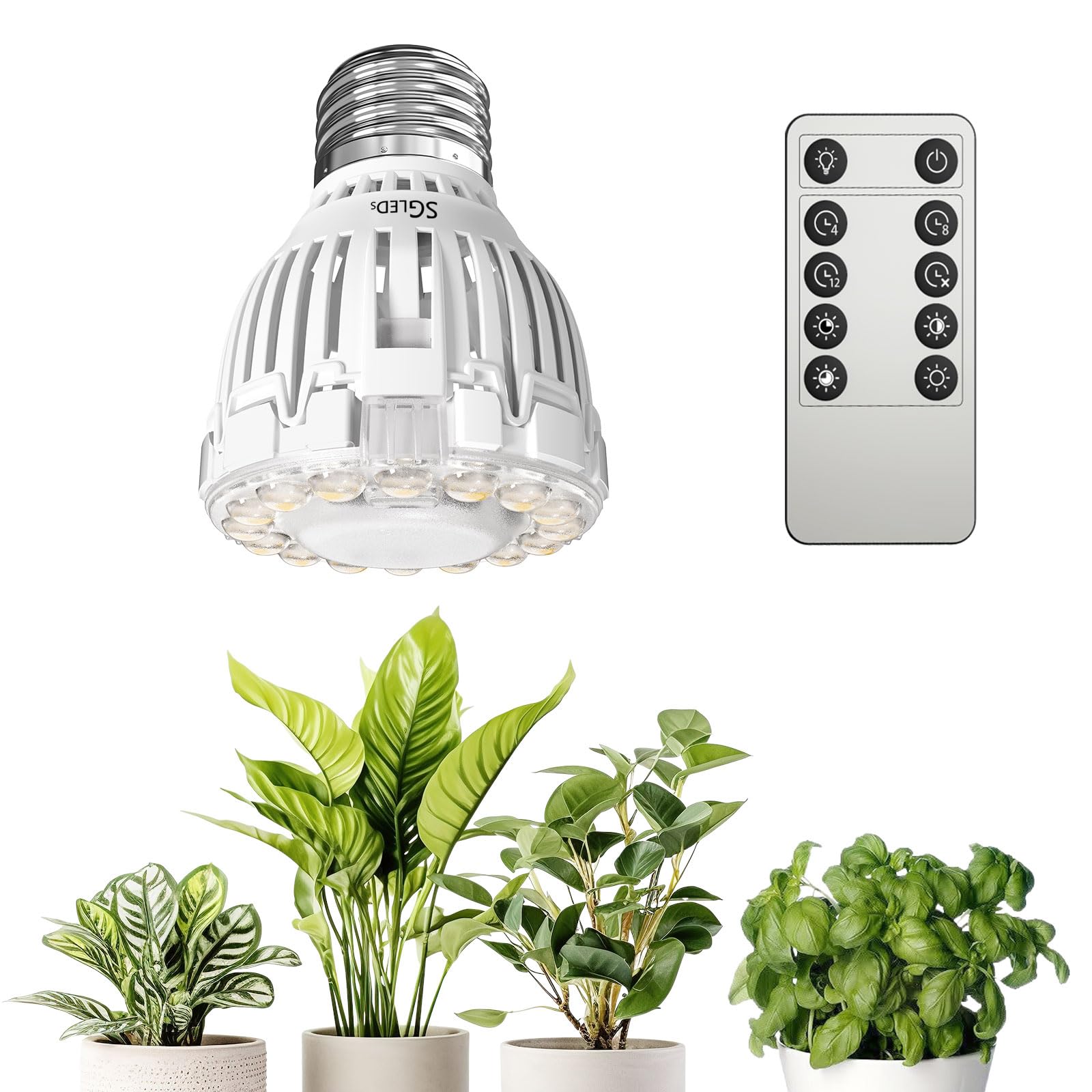 SGLEDs Dimmable Grow Light Bulb, Full Spectrum, 10W PAR20, Remote Control, Auto On/Off, White, C21GL-GE26-10W