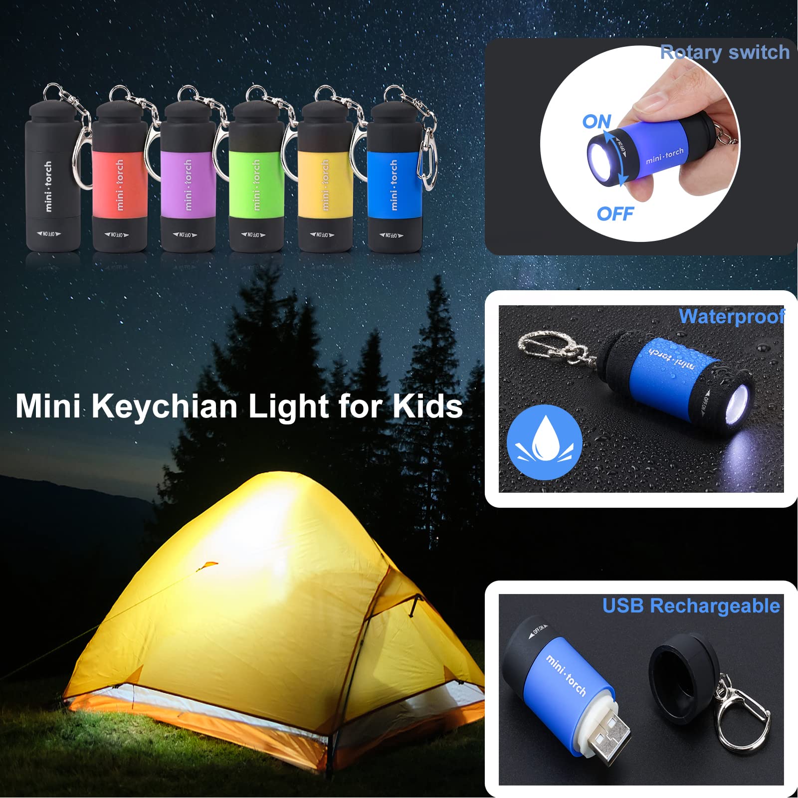 Cussity Mini Flashlight Keychain 7 Pack, Rechargeable LED Torches, Waterproof, Colorful, Model 7XCUSB12