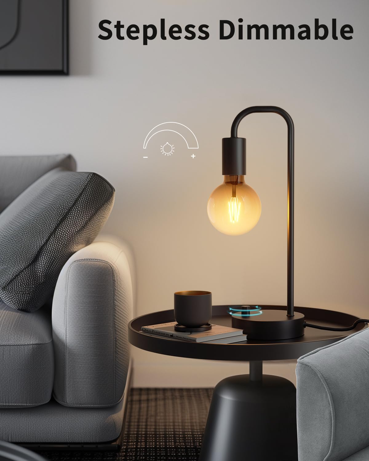 Onewish Industrial Table Lamp For Bedroom, Fully Dimmable Modern Bedside Lamps With 2700K Warm Light Bulb For Kids Reading, Mini