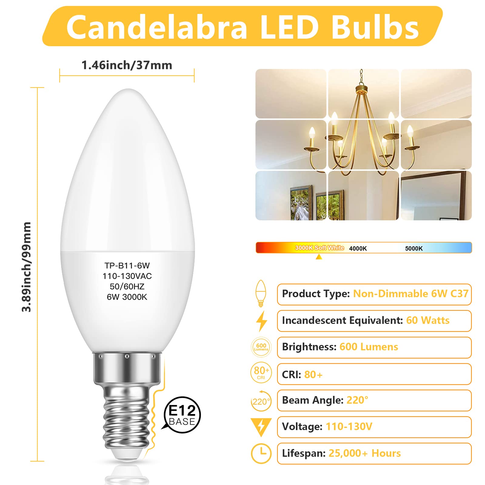 MAXvolador E12 Candelabra LED Bulbs 6W 600 Lumens Soft White 3000K B11 Pack of 12