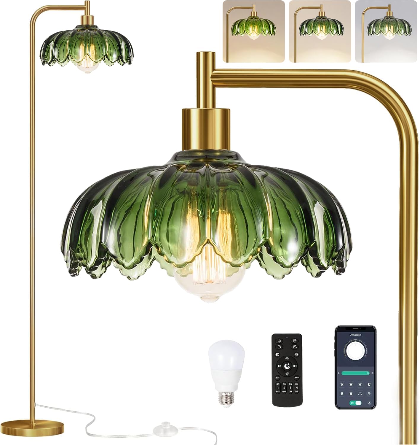 Qiyizm Gold Glass Floor Lamp Dimmable,Brass Tall Lamp Mid Century Modern Standing Lamp With Remote Retro Vintage Green Floor Lig