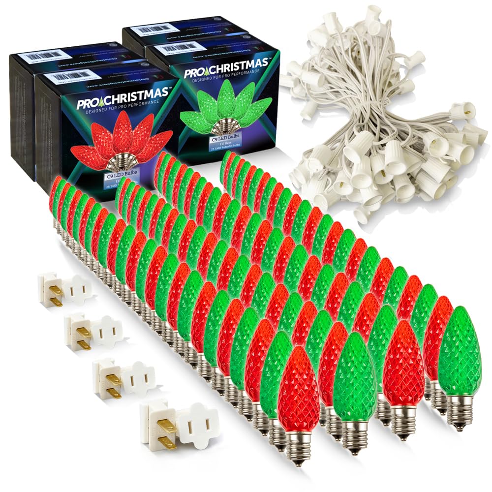 Pro Christmas C9 LED Christmas Light Kit for Rooflines & Pathways - DIY Cut to Length  Outdoor Commercial Grade (White Wire w/Vampire Plugs  100 Bulbs  100 ft) Red and Green