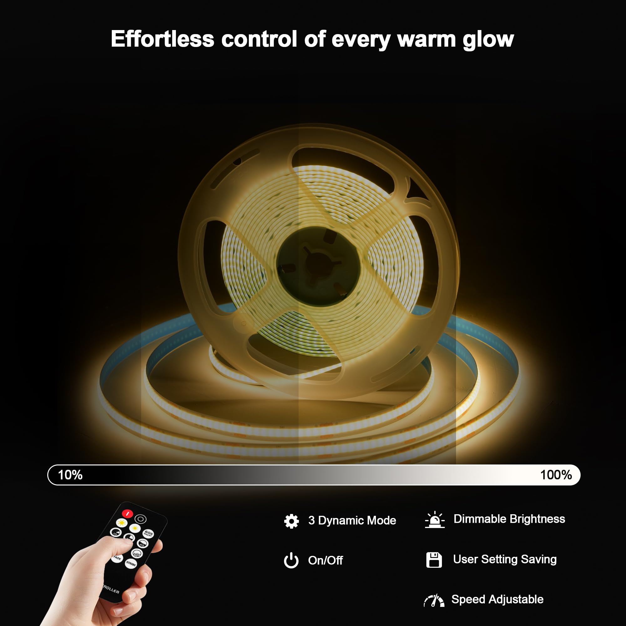 XINGZHI 24V Dimmable COB LED Light Strip, 16.4FT, Warm White 3000K, RF Remote Control, UL Power Supply