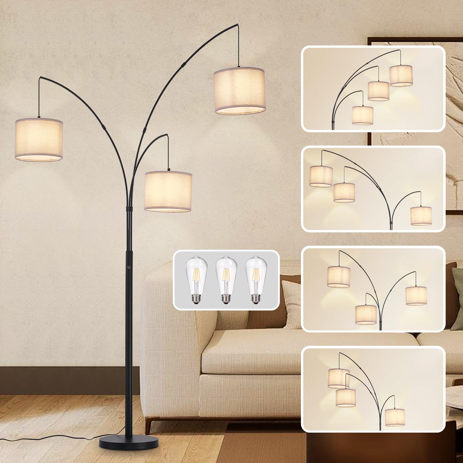 Dllt Modern Floor Lamp For Room: 3-Light Black Tree Dimmable Floor Lamps With Gray Shades For Living Room - Arc Standing Lamp Fo