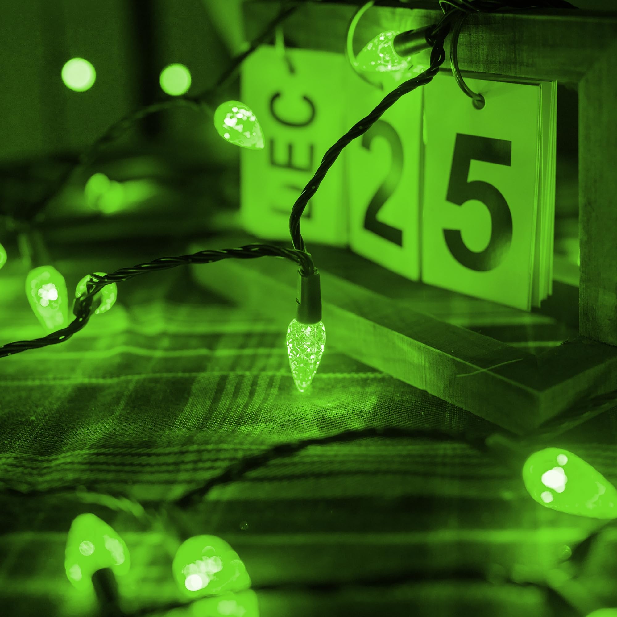 Dazzle Bright C6 Christmas String Lights, 200 LED, 66 FT, Waterproof, 8 Modes, Green, Model HB-300COI