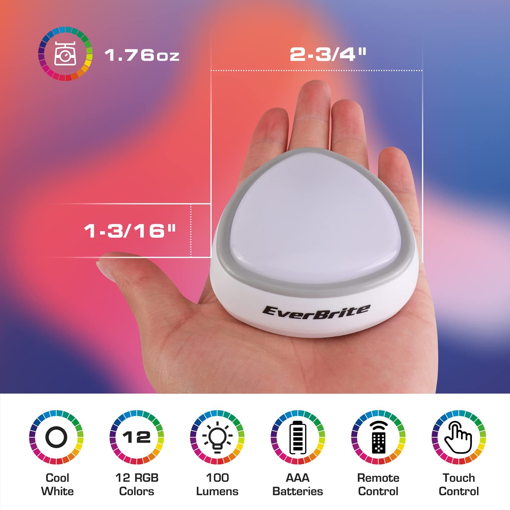 EverBrite LED Puck Lights, Wireless Push Lights, Remote Controlled, 12 RGB Colors, 3-Pack, White, Model E007083