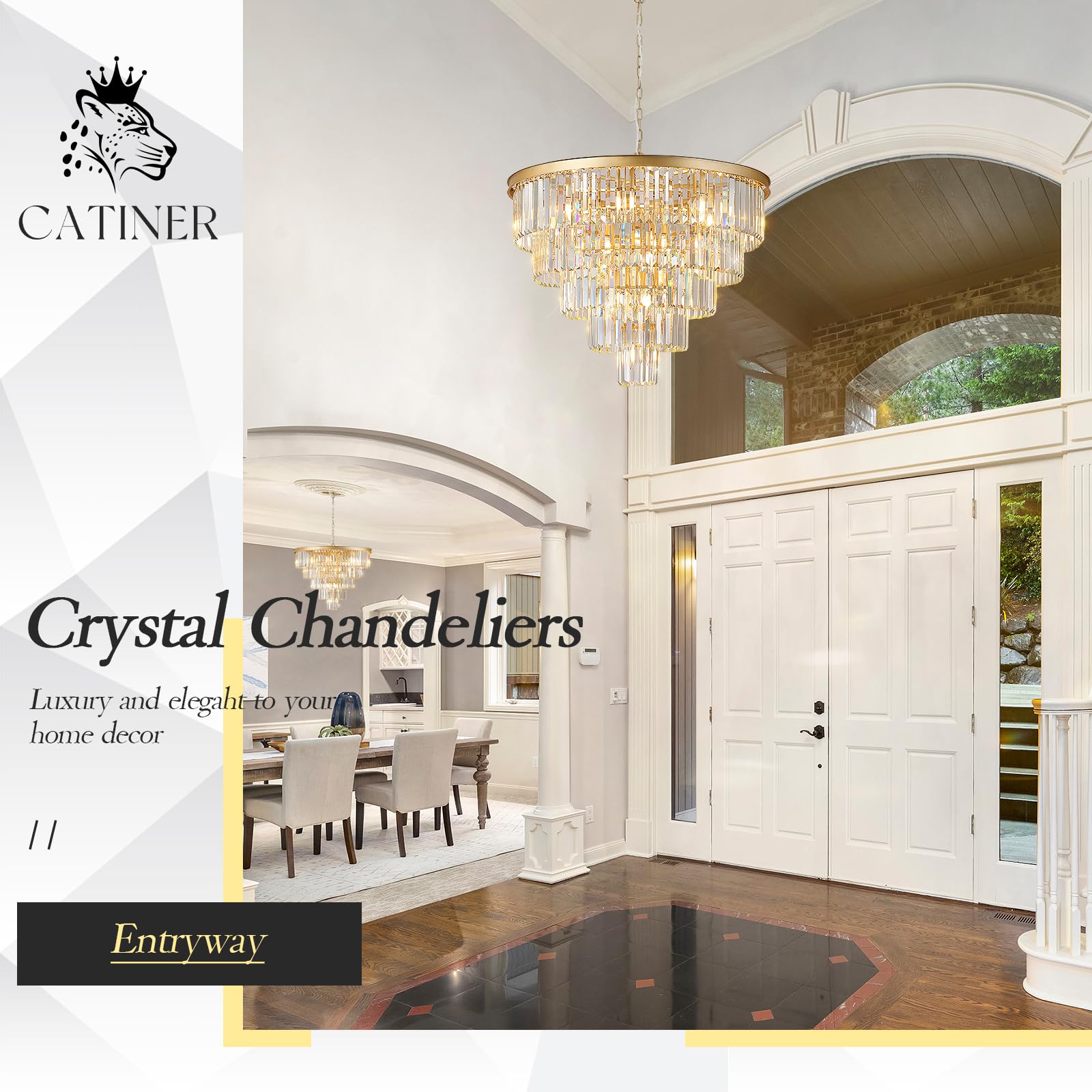 CATINER Large Crystal Chandelier - Modern 30” Gold Fixture, 5 Tiers, 16 Lights for Dining Room & Foyer, Model P91-750G1