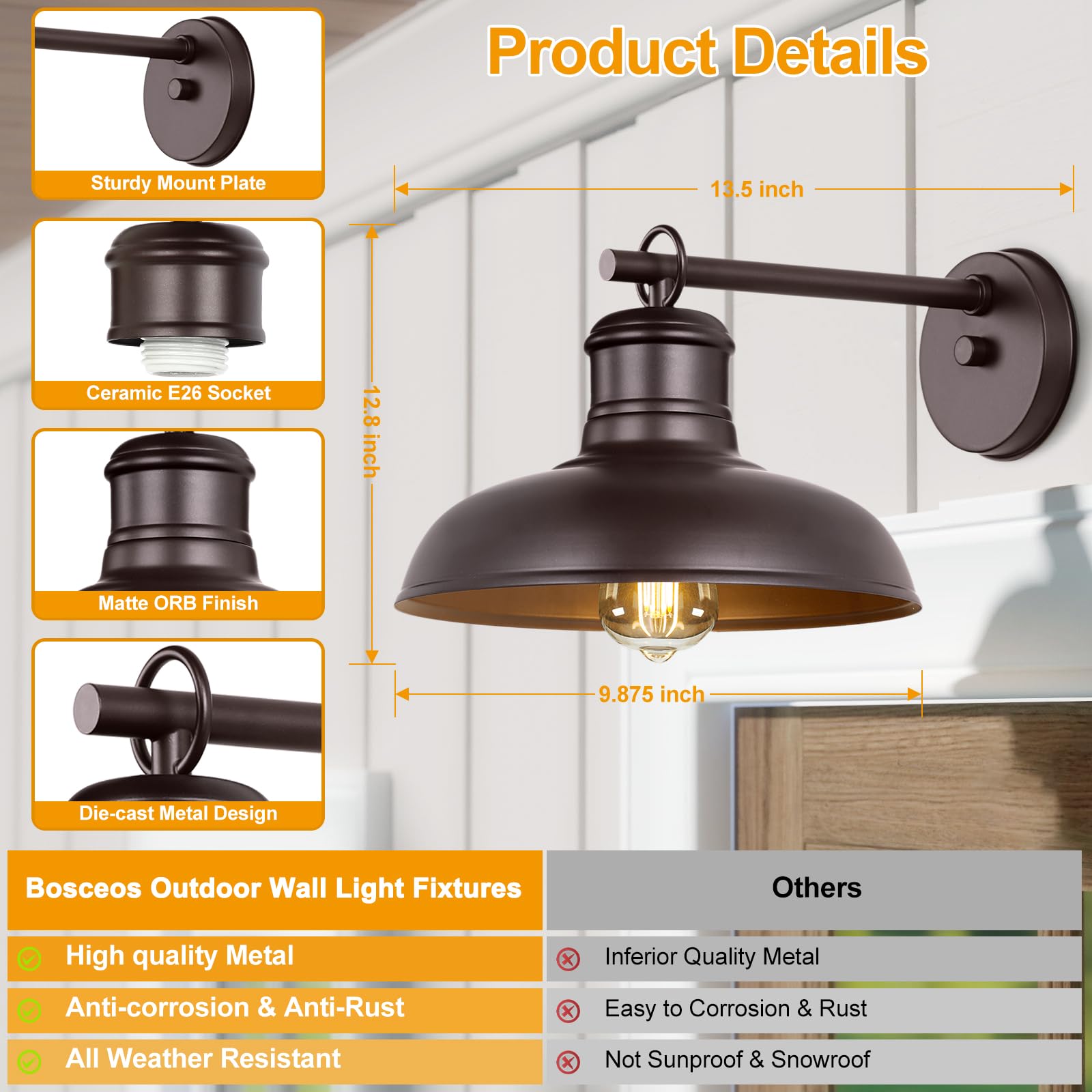 2-Pack Brown Wall Sconces, Farmhouse Exterior Barn Light Fixtures, Outdoor Wall Lights With E26 Socket, Anti-Rust Waterproof Ext