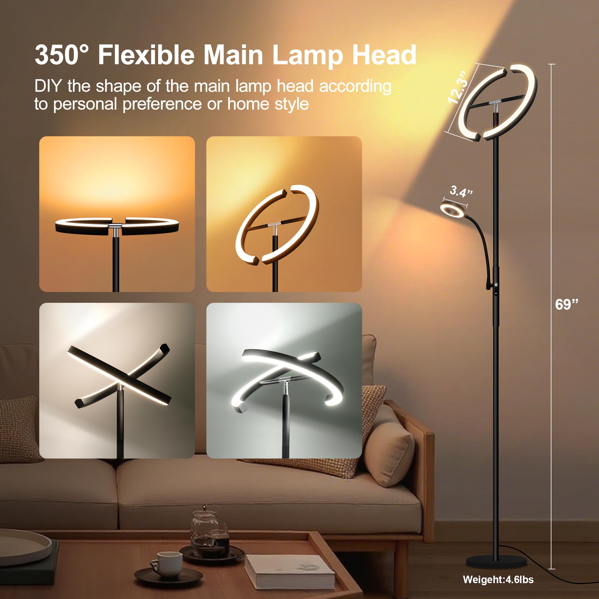 Laiebri Floor Lamps for Living Room, Upgraded 2-in-1 Dimmable Standing Lamp 3000-6500K, 29W Rotatable Floor Reading Light, Remot