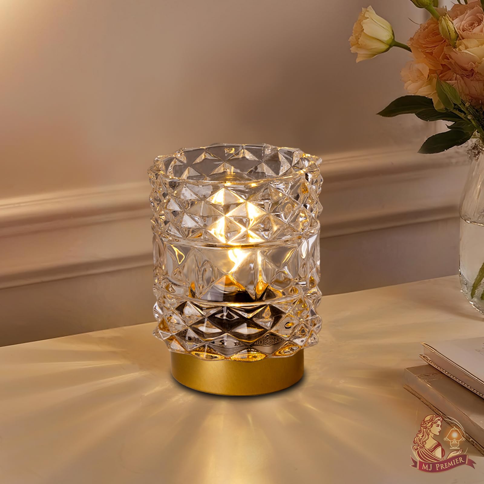 MJ PREMIER Battery Operated Lamp with Timer, Cordless Table Lamps for Shelf Decor, Rhombus Texture Aesthetic Crystal Lamp, Small