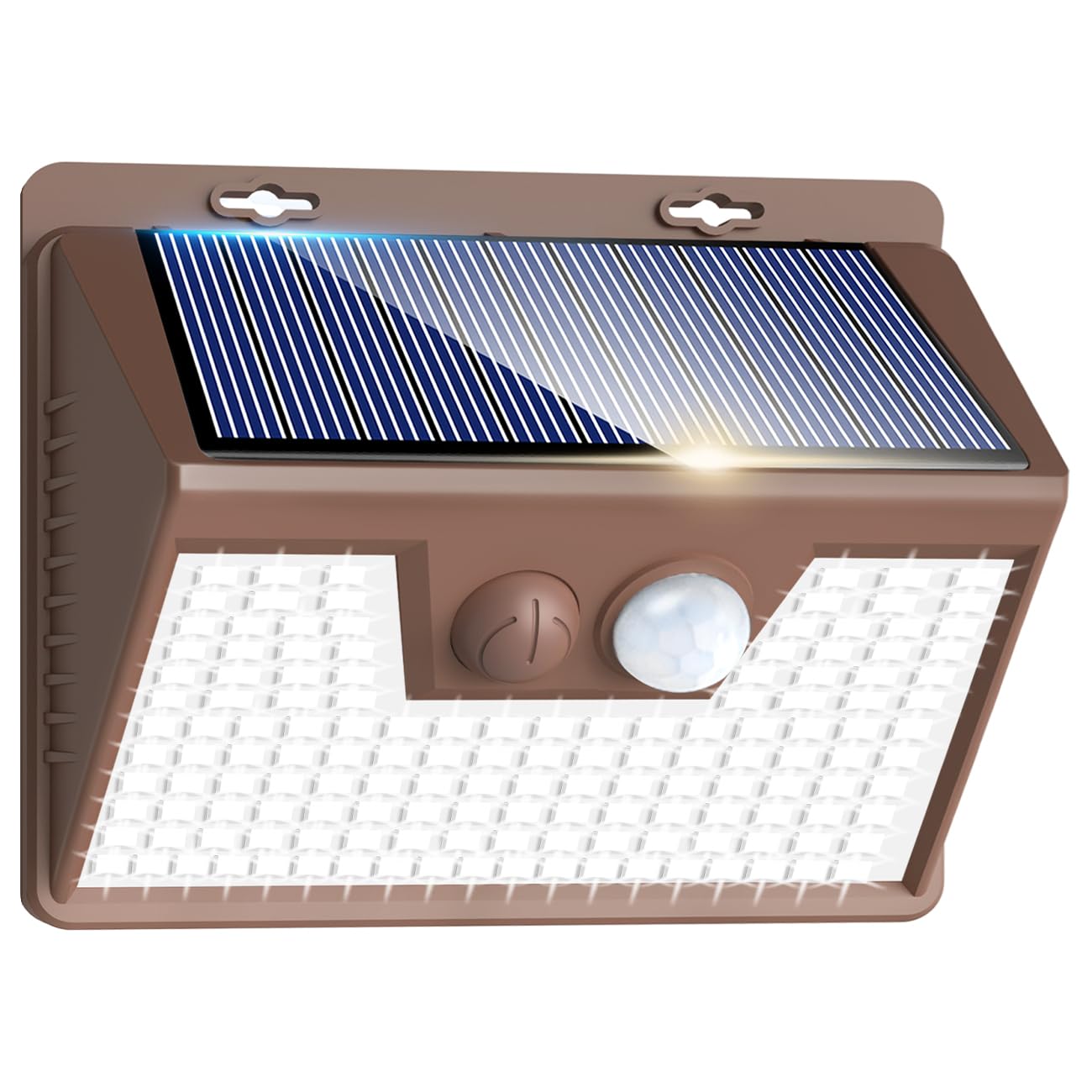 Peasur Solar Lights Outdoor Motion Sensor [1 Pack/140LED/Brown]  Ultra-Bright 3 Mode Fence Security Light Waterproof  Solar Wall Lighting for Patio Yard Step House Outside