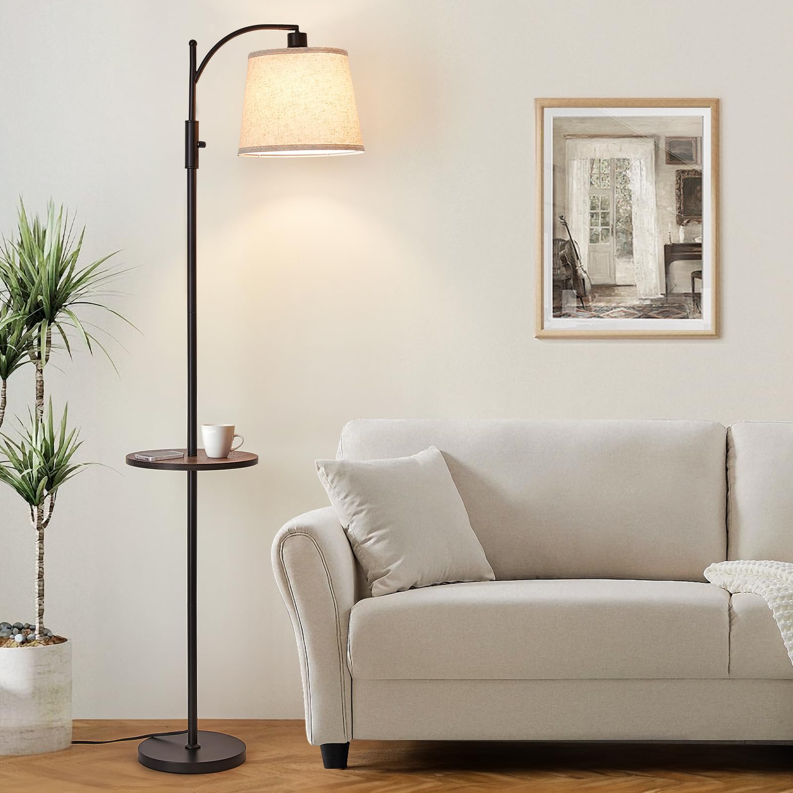 AIDENOEY Floor Lamp, Fully Dimmable, Black Metal, Rotary Switch, Beige Linen Shade, 9W LED Bulb Included, Model HYZC020-1