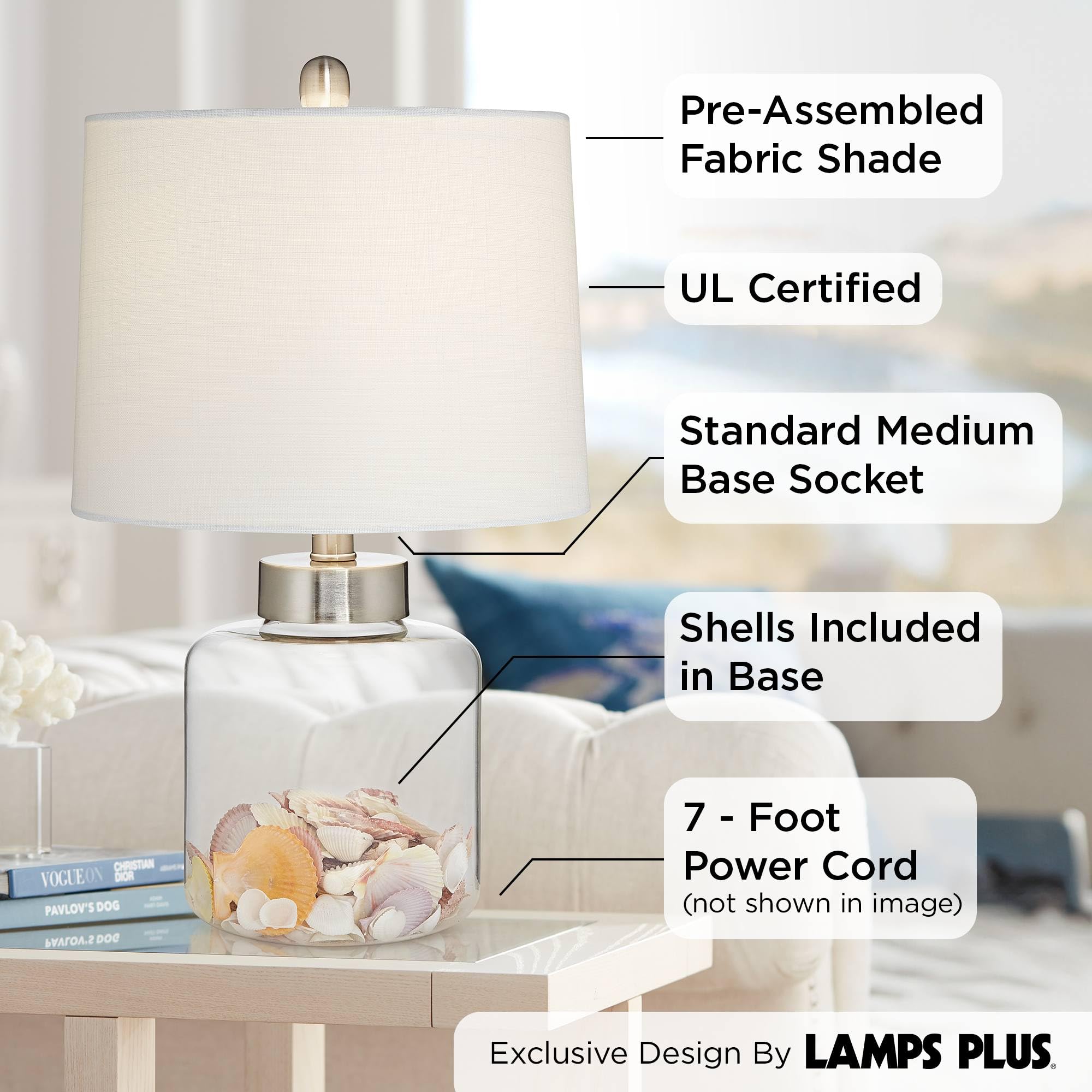 360 Lighting Coastal Accent Table Lamp, 20.5" Clear Glass, Off White Linen Shade, Model 3D618, Ideal for Living Room or Beach House