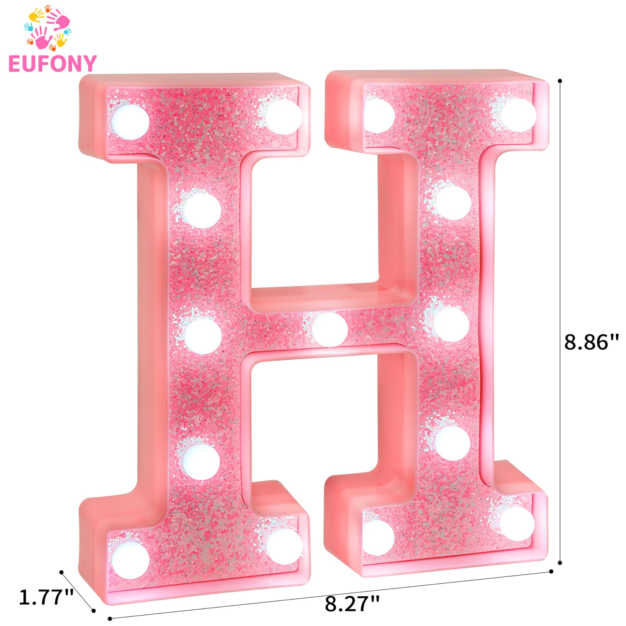 EUFONY Pink Glitter LED Marquee Light Up Letter H with Cool White Lights, Battery-Powered Alphabet Letter Sign for Girls Gift, B