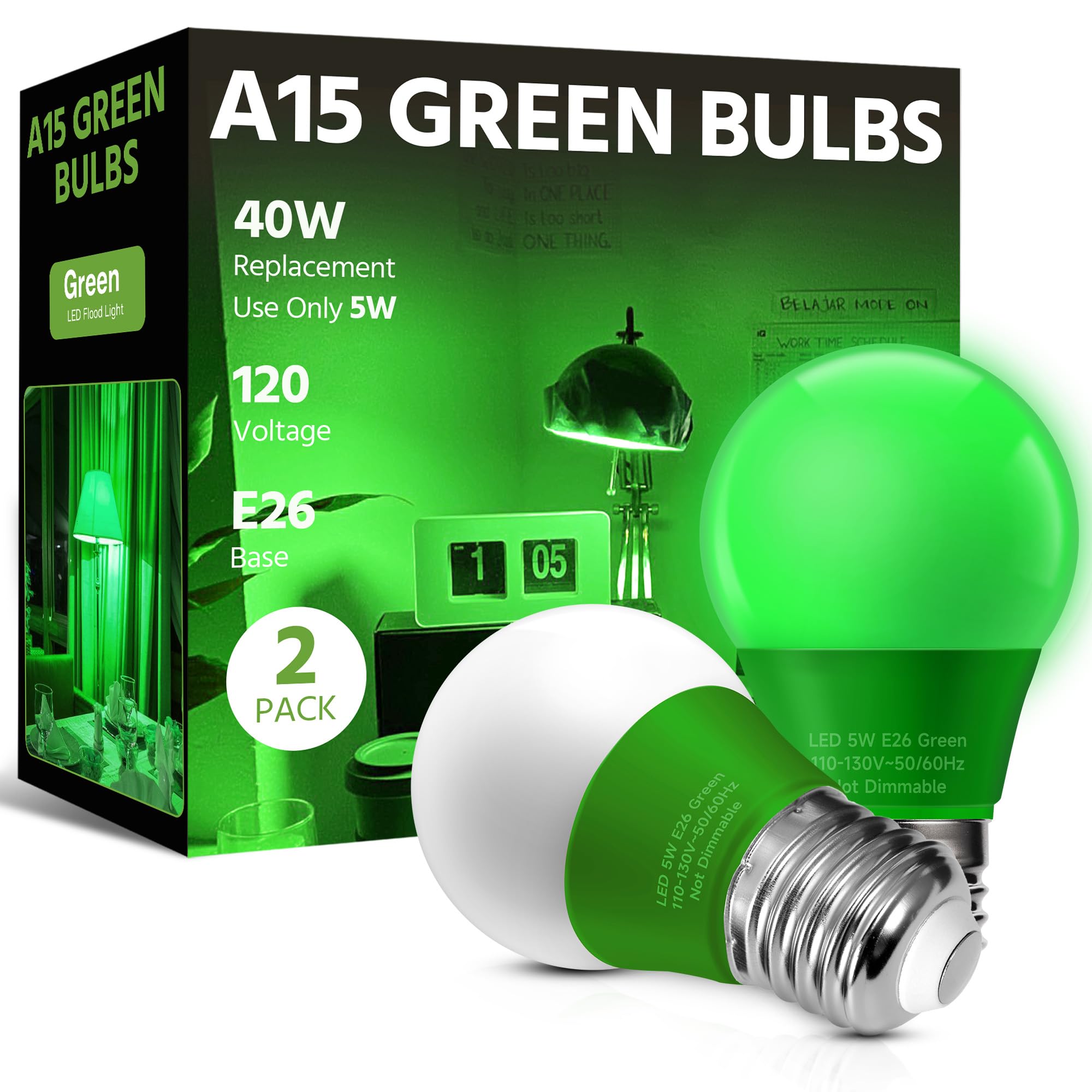 LED Green Light Bulb, 40 Watt Equivalent LED A15 Bulb, 5 Watt Green Color Light E26 Medium Bulb for Halloween, Christmas Decoration, Party, Bars, Porch Lights, Holiday Mood Lighting, Pack of 2