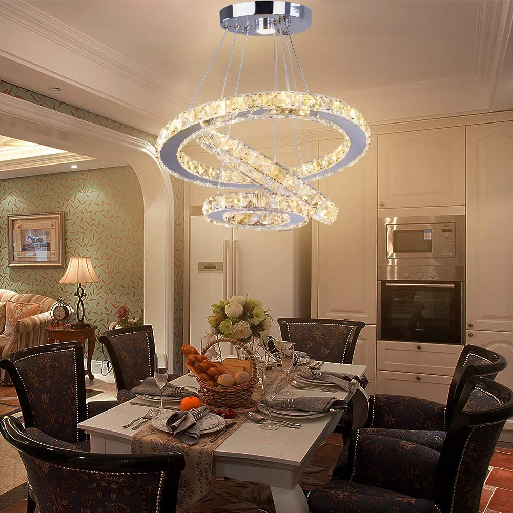 Cainjiazh Modern LED Crystal Chandelier Pendant Light, 3 Ring, Warm Light, Stainless Steel, Model US-234-MP004, for Living Room, Dining Room