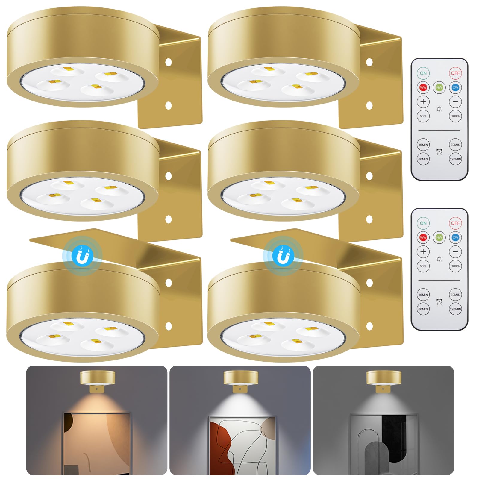 SIXDEFLY Picture Lights, Battery Operated LED Art Display Light, 3 Lighting Modes, Remote Control, 6 Pack, Gold
