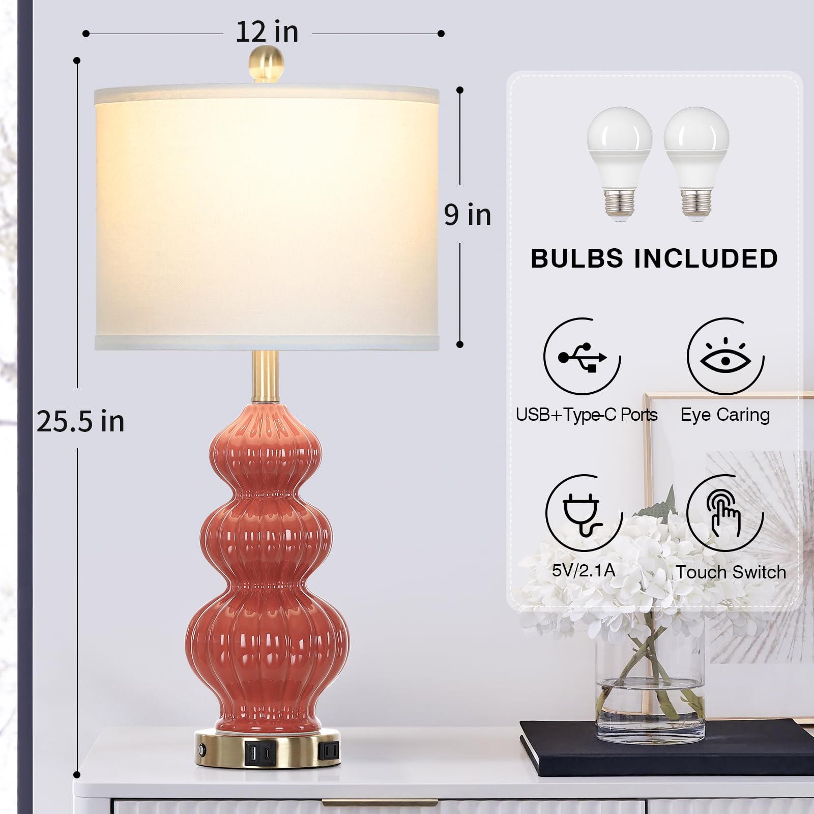 Rinweey Triple Gourd Ceramic Table Lamps Set of 2, Modern Orange with USB Ports & AC Outlet, 3 Way Touch Control for Bedroom Living Room