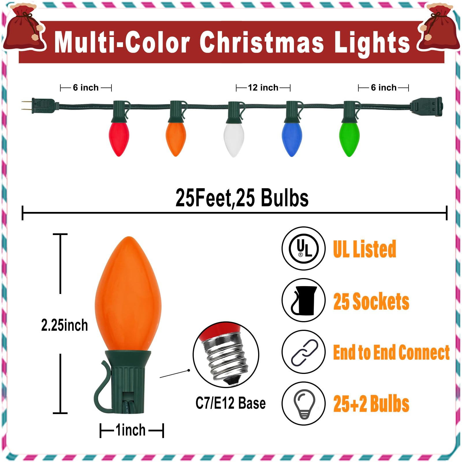 Christmas Lights, 25Ft C9 Vintage Christmas String Lights With 27 Multicolor Ceramic Incandescent Bulbs, Hanging String Lights F